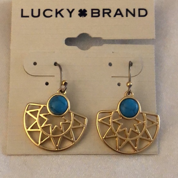 Lucky Brand Gold Tone Sun Ray Drop Earrings Turquoise Accent NWT - Picture 2 of 11